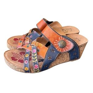L'Artiste Spring‎ Step Jadora Floral Multicolored Leather Wedge Sandal Size 36